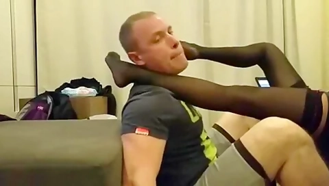 German Mistress In Nylon Stockings Makes Her Sexy Male Slave Swallow Her Foot