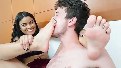 Dominant Girlfriend Makes Her Boyfriend Gag On Her Sexy Feet On The Bed